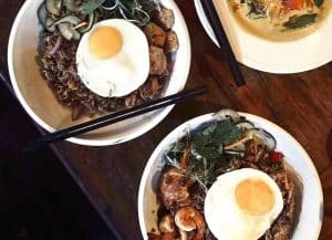 Asian fusion dishes with dumplings and noodles served at Laggas Uluwatu