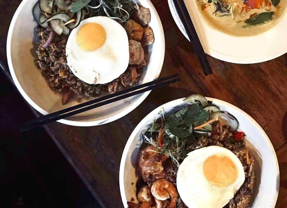 Asian fusion dishes with dumplings and noodles served at Laggas Uluwatu