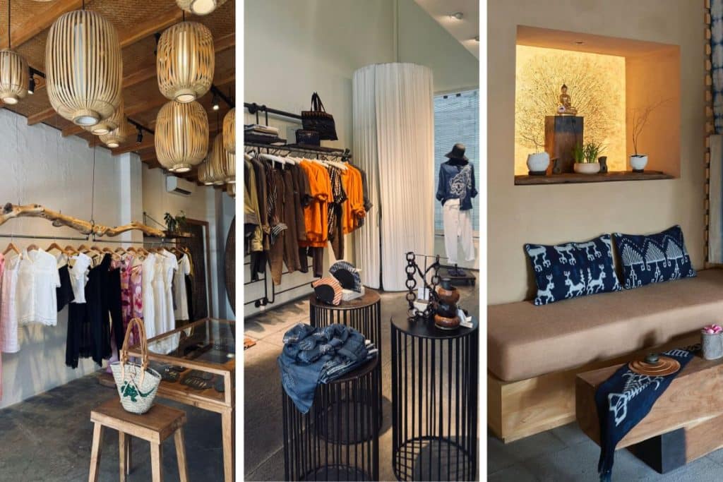Interior of a concept store in Ubud with clothing racks and handmade accessories