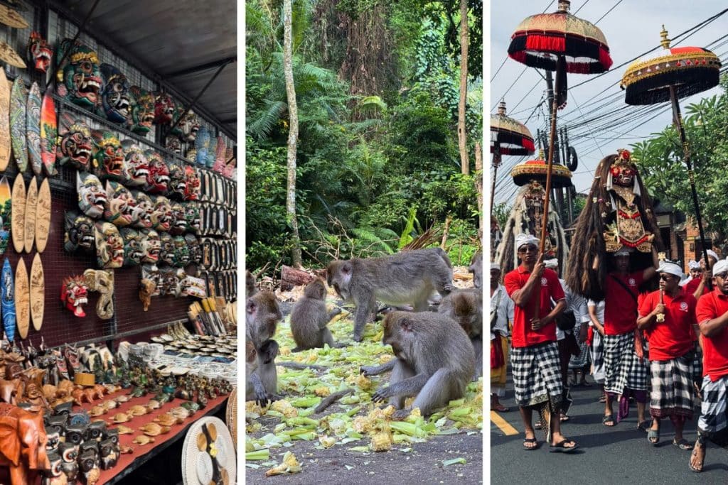 Balinese woman in ceremonial dress, monkey in forest, and traditional market scene