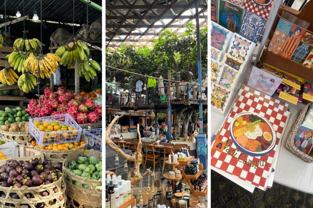 Collage showing local fruit market, handmade products, and Balinese art at Uluwatu markets