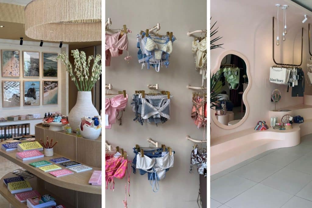 Montage of Island Honey, Club Pantai, and Múse boutiques in Uluwatu