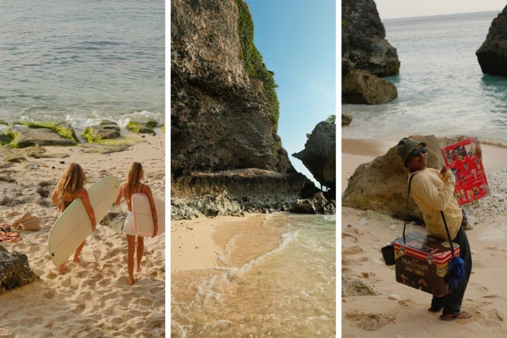 Three stunning views of Uluwatu — cliffside, surfers, and ice-cream vendor.