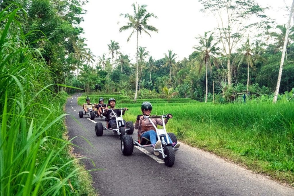 Person driving a jungle cart through lush forest near Ubud, Bali
