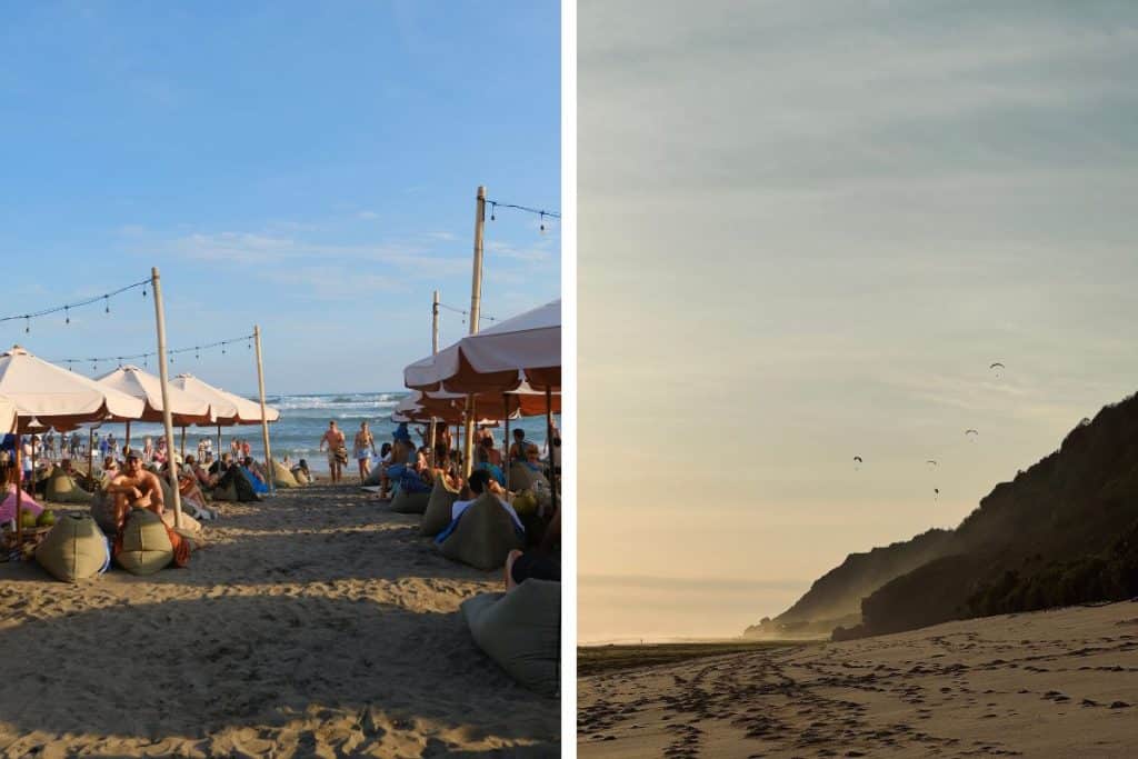 Aerial view of a secluded white sand beach in Bali surrounded by cliffs and turquoise water.