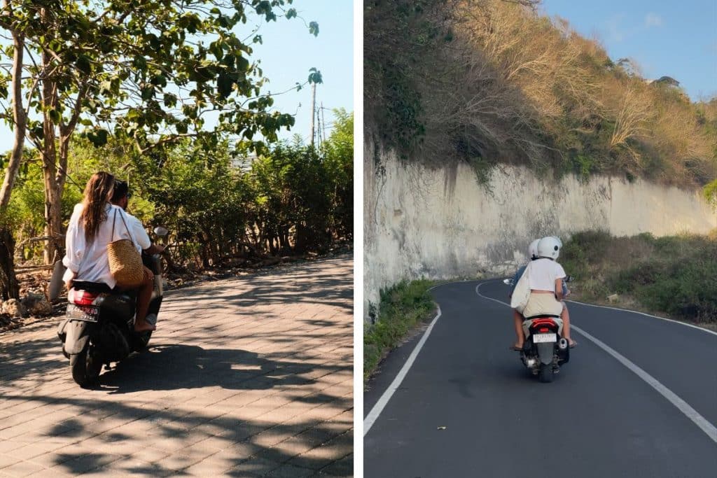 Person riding a scooter next to a rice field in Bali with a helmet on.