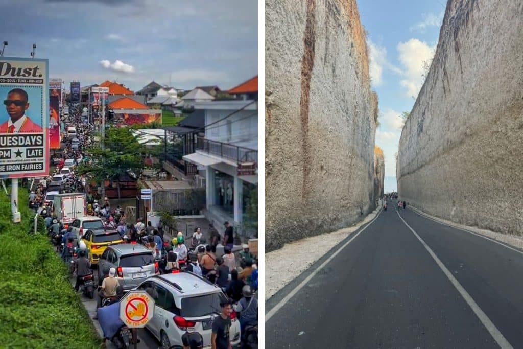 Long traffic jam on a small road in Bali with scooters and cars lined up.