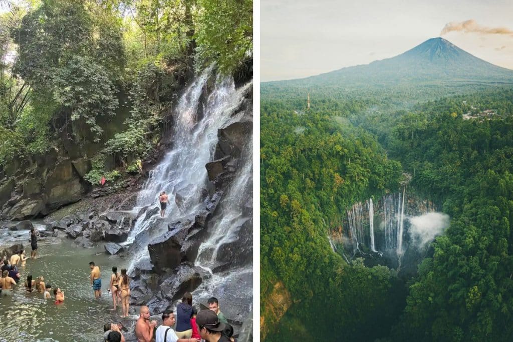 Tropical waterfall flowing into a natural pool in the jungle of Bali.
