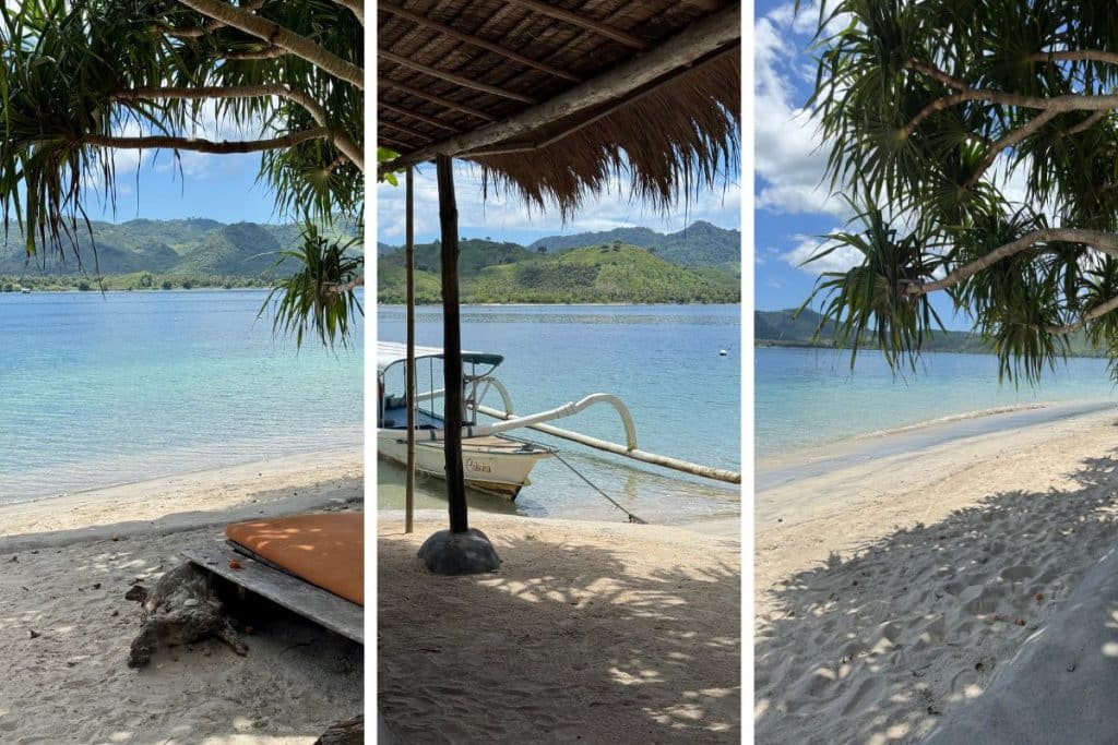 Deserted beach with calm turquoise waters and a traditional boat anchored near Gili Asahan, Southwest Lombok.
