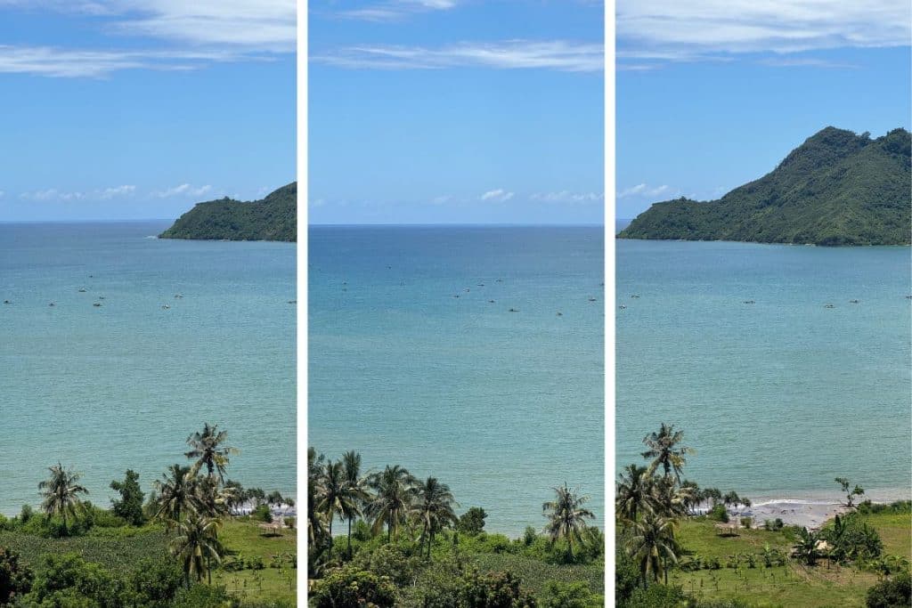Stunning coastal landscape of South Lombok with rolling hills, turquoise ocean, and white sandy beaches under a clear blue sky.