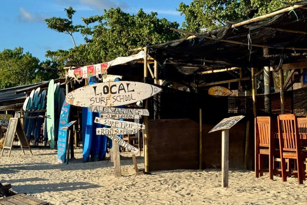 Surfer catching a perfect wave on a sunny day at a famous surf spot in Lombok, Indonesia.