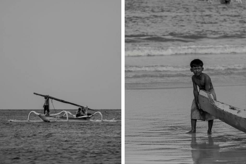 Black and white collage of fisherman in Lombok Indonesia traditional fishing lifestyle portrait