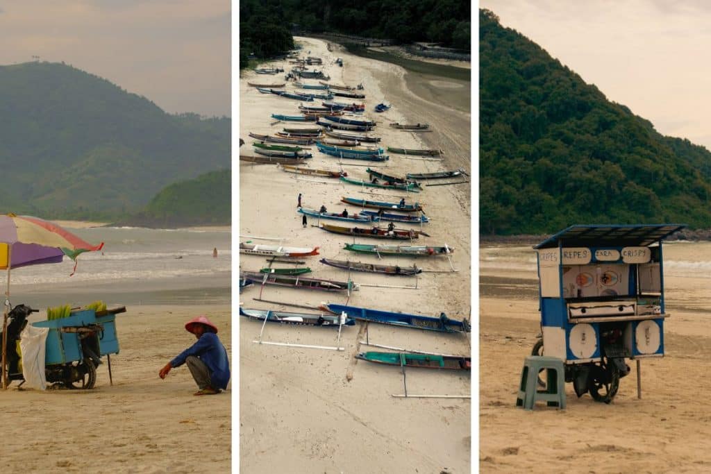 Beach seller collage Lombok Indonesia local vendor seaside lifestyle and coastal culture
