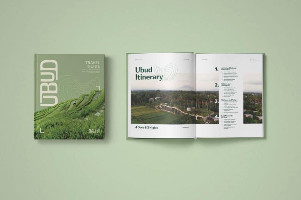 Ubud Travel Guide cover and open pages in a minimalist mockup