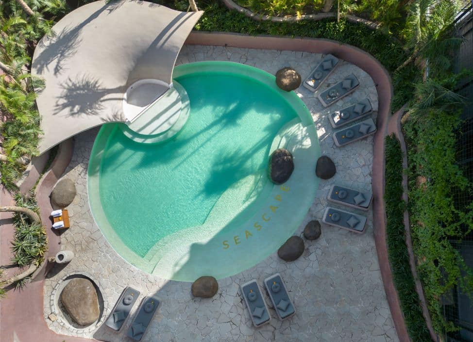 Outdoor swimming pool at Seascape Resort & Spa Sanur surrounded by tropical plants.