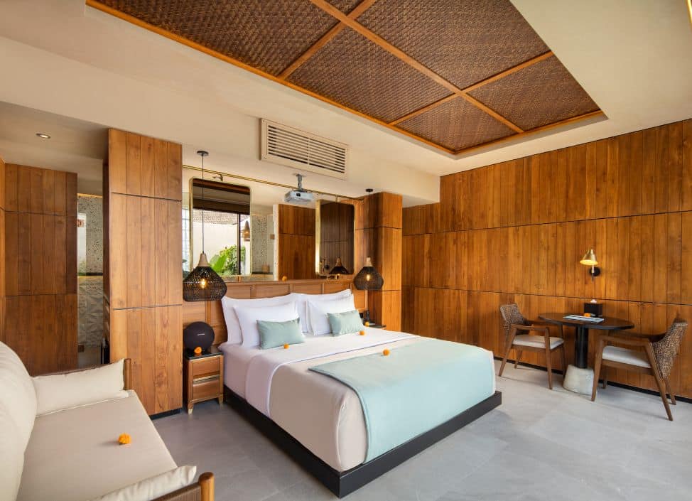 Modern bedroom at Sini Vie Villa Seminyak with soft lighting and contemporary design.