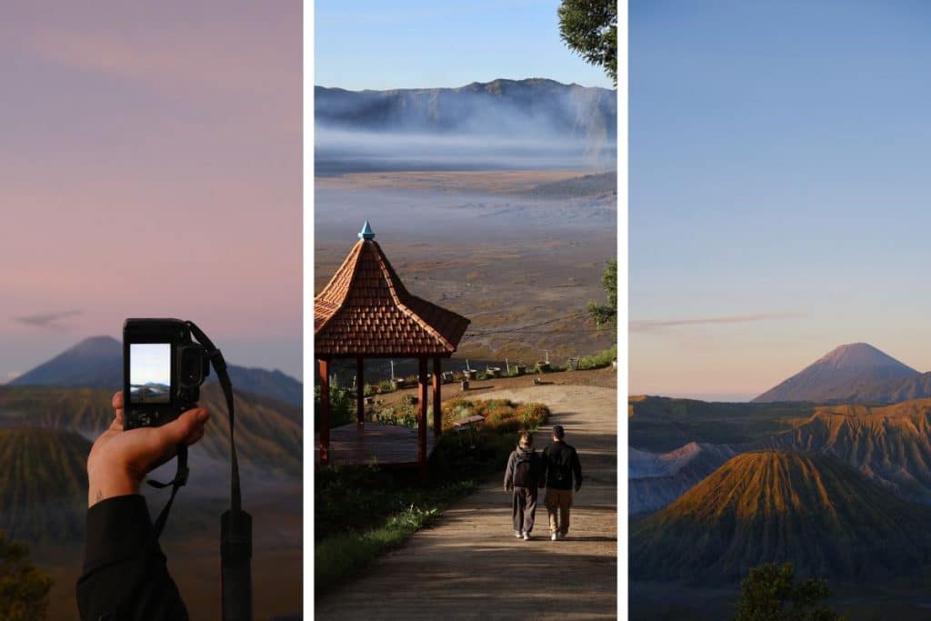 Mount Bromo sunrise, crater, and sea of sand in East Java, Indonesia