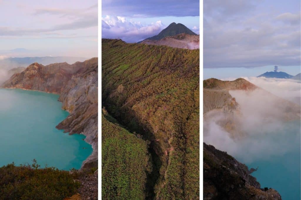 Mount Ijen volcano views in East Java – trail, crater, and surrounding landscape