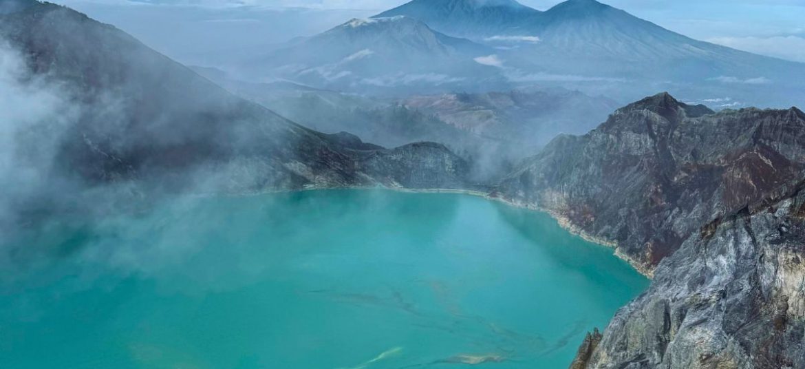 Blue flames at the base of Mount Ijen crater in East Java, Indonesia