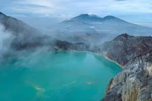 Blue flames at the base of Mount Ijen crater in East Java, Indonesia