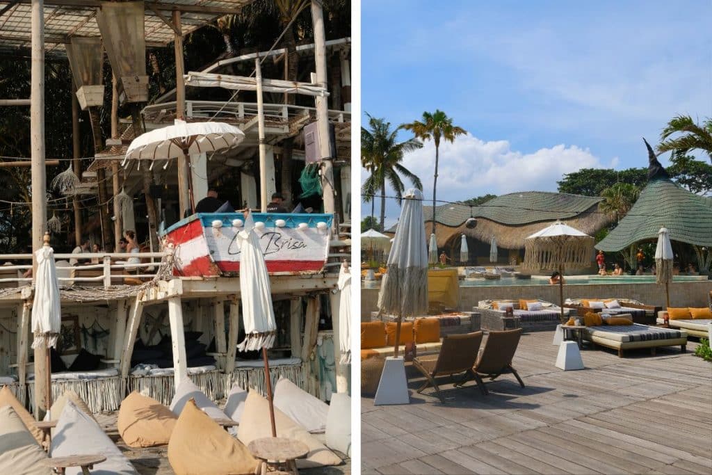 Two vibrant beach clubs in Canggu featuring pools, ocean views, and lively sunset vibes