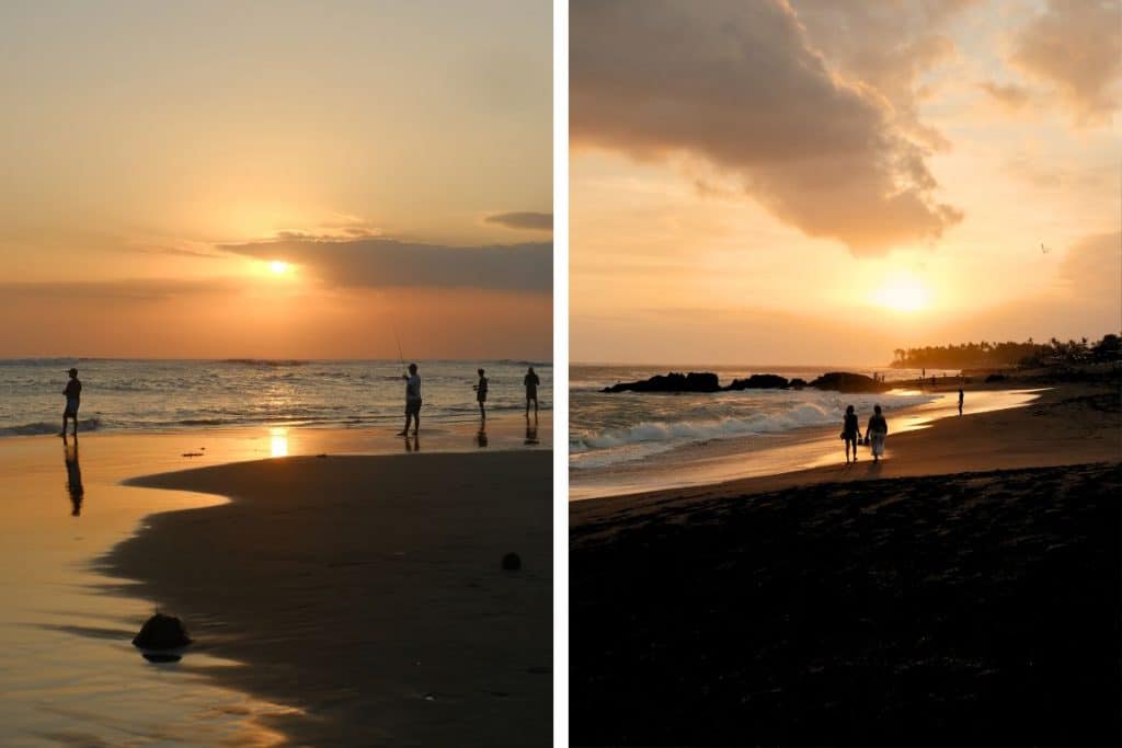 Sunset at Batu Bolong Beach in Canggu with surfers in the water