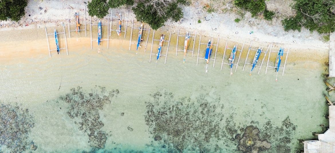 Aerial view of the Secret Gilis islands off the coast of Lombok, Indonesia