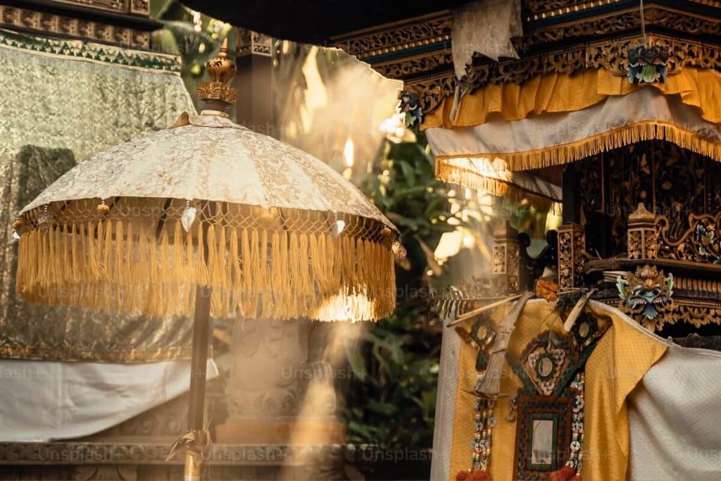 Balinese temple decorated for Galungan and Kuningan celebrations.