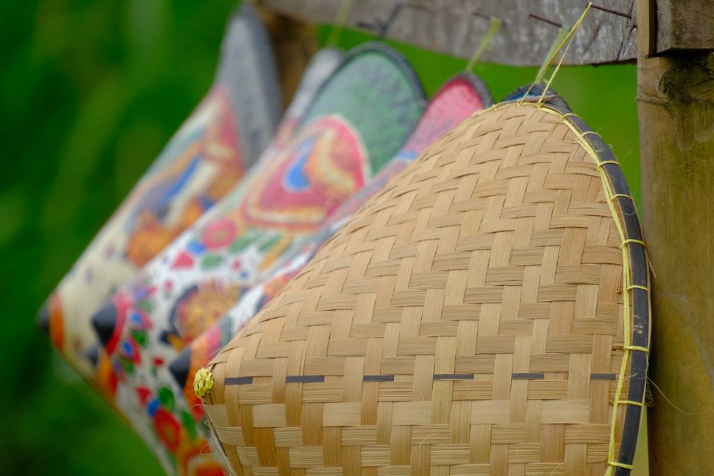 Traditional hats displayed for sale in Jatiluwih, Bali