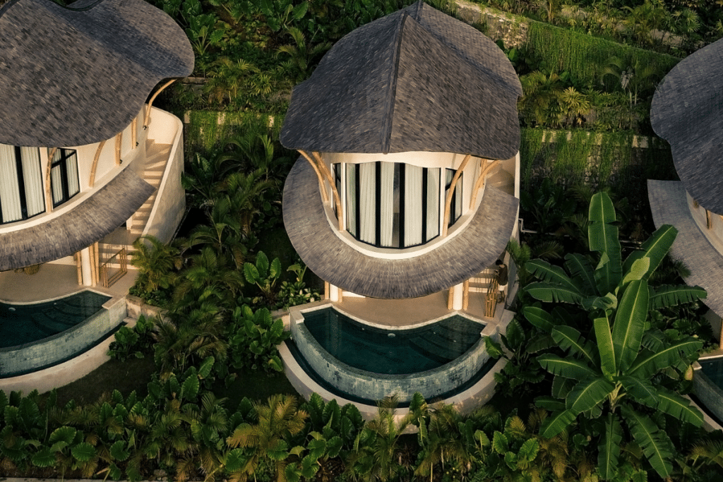 Drone view of one-bedroom bamboo villas at Mambo Lombok in Kuta Lombok