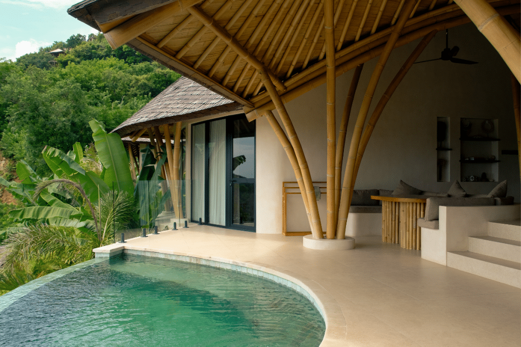 Private swimming pool at a bamboo villa in Mambo Lombok