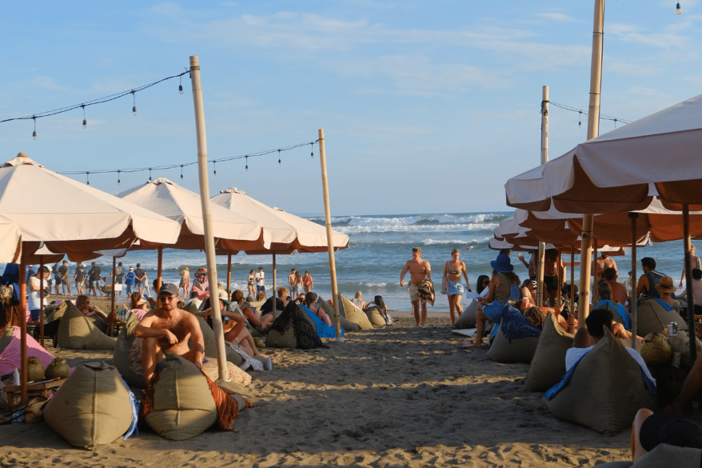 Peaceful beach club in Bali with relaxed atmosphere and ocean view