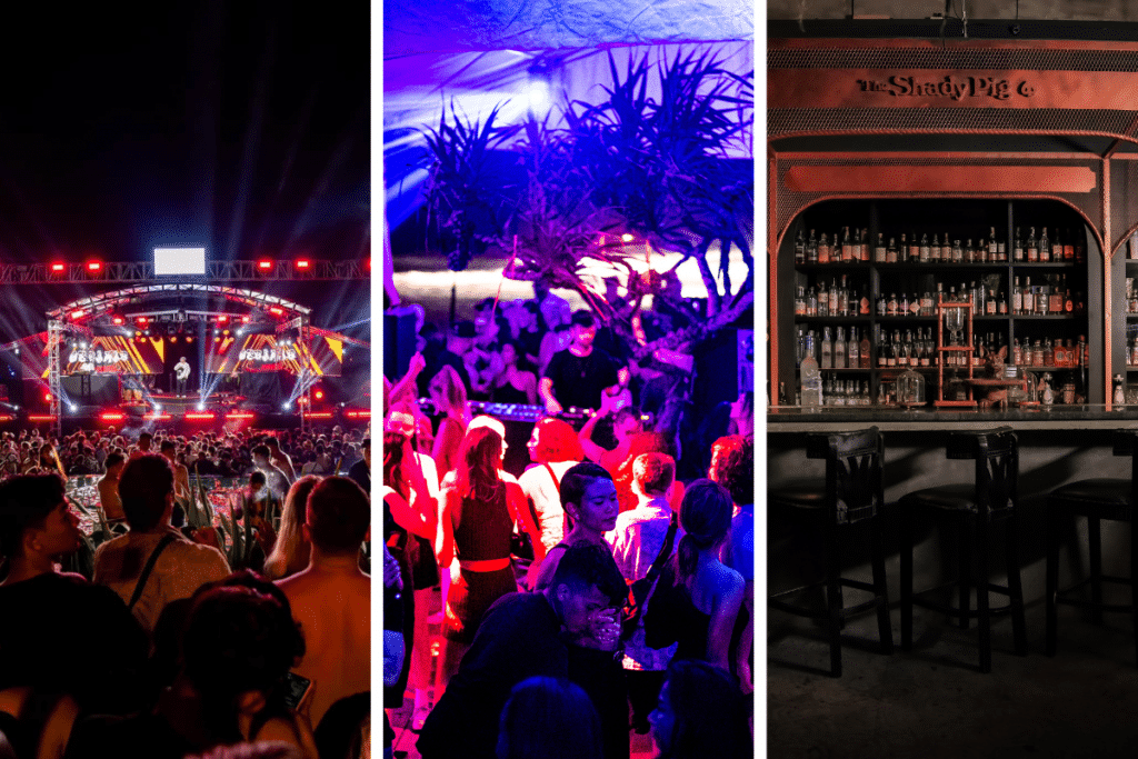 Canggu nightlife party clubs with DJs, crowd, and late night atmosphere