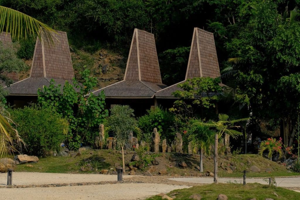Mountain-facing rooms at Menjaga Bay Resort surrounded by tropical vegetation