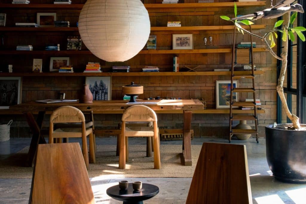 Rumah Subak library with large bookshelf and calm reading atmosphere