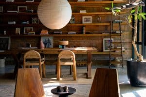 Rumah Subak library with large bookshelf and calm reading atmosphere