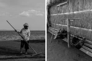 Balinese salt farmer raking volcanic sand during salt production