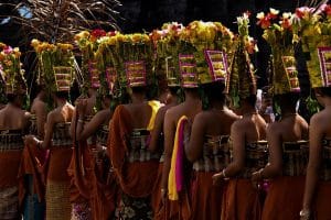 Balinese women performing the sacred Rejang Dance during Kuningan in Bali
