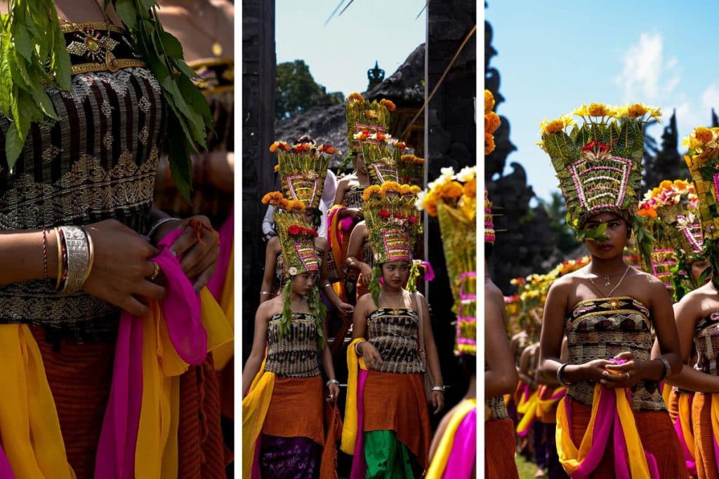 Traditional Balinese ceremonial outfits worn during the Rejang Dance and Kuningan celebrations