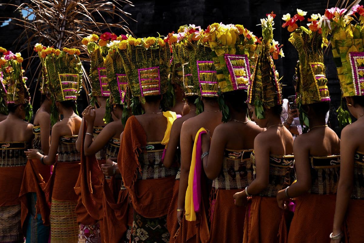 Balinese women performing the sacred Rejang Dance during Kuningan in Bali