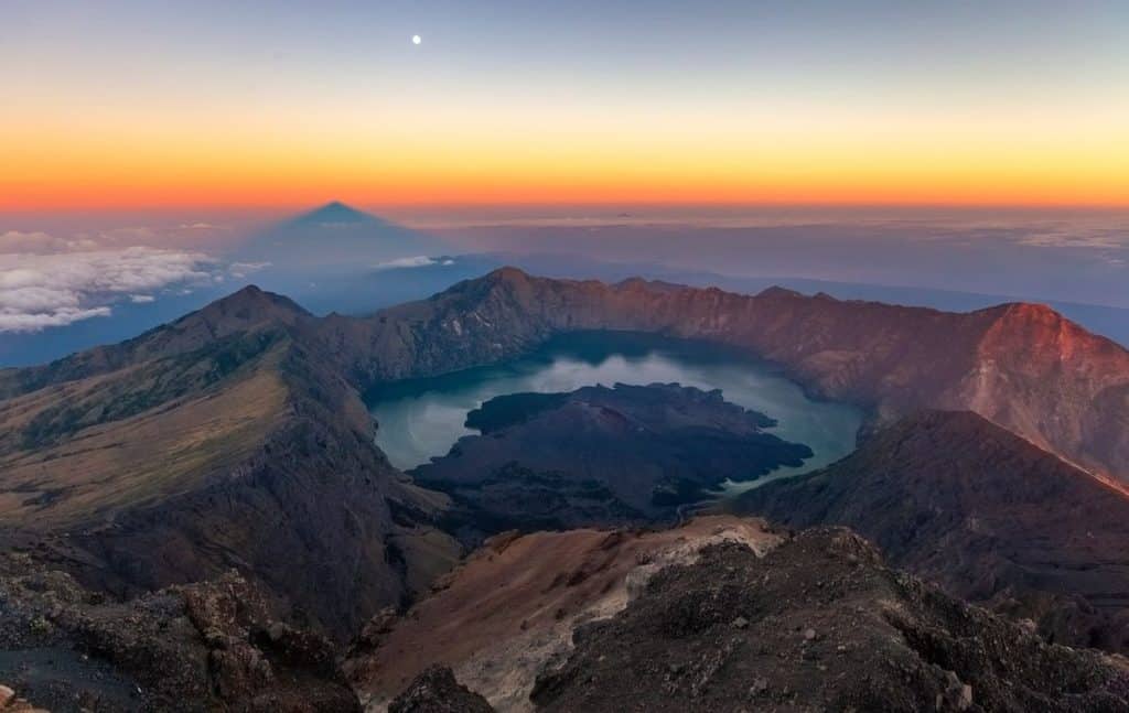 Mount Rinjani summit overlooking Segara Anak crater lake in Lombok, Indonesia