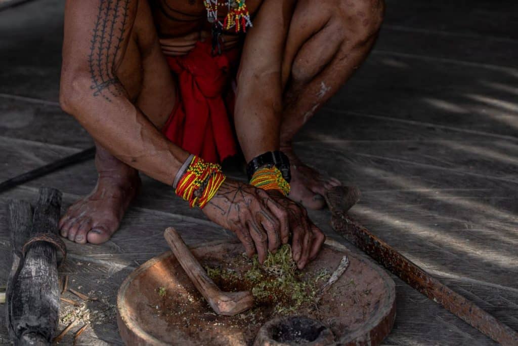 Mentawai man preparing traditional hunting poison