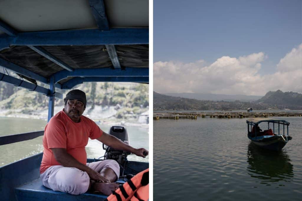 Kintamani fishermen on Lake Batur with Mount Batur in the background