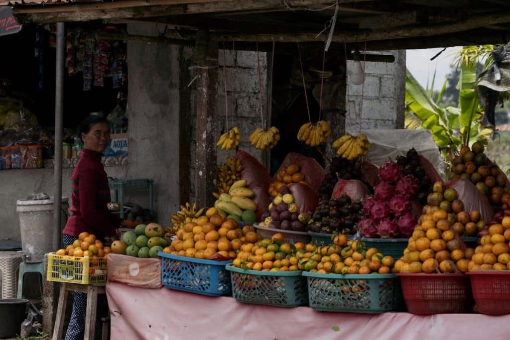 Local fruit vendors selling fresh produce along a road in Kintamani