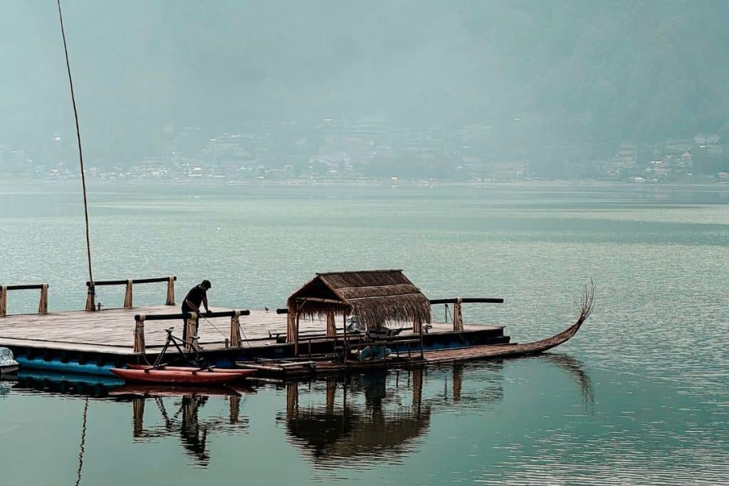 Lake Batur surrounded by volcanic mountains in Kintamani Bali