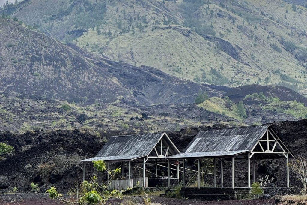 Volcanic landscape of Kintamani with Mount Batur and green farmland