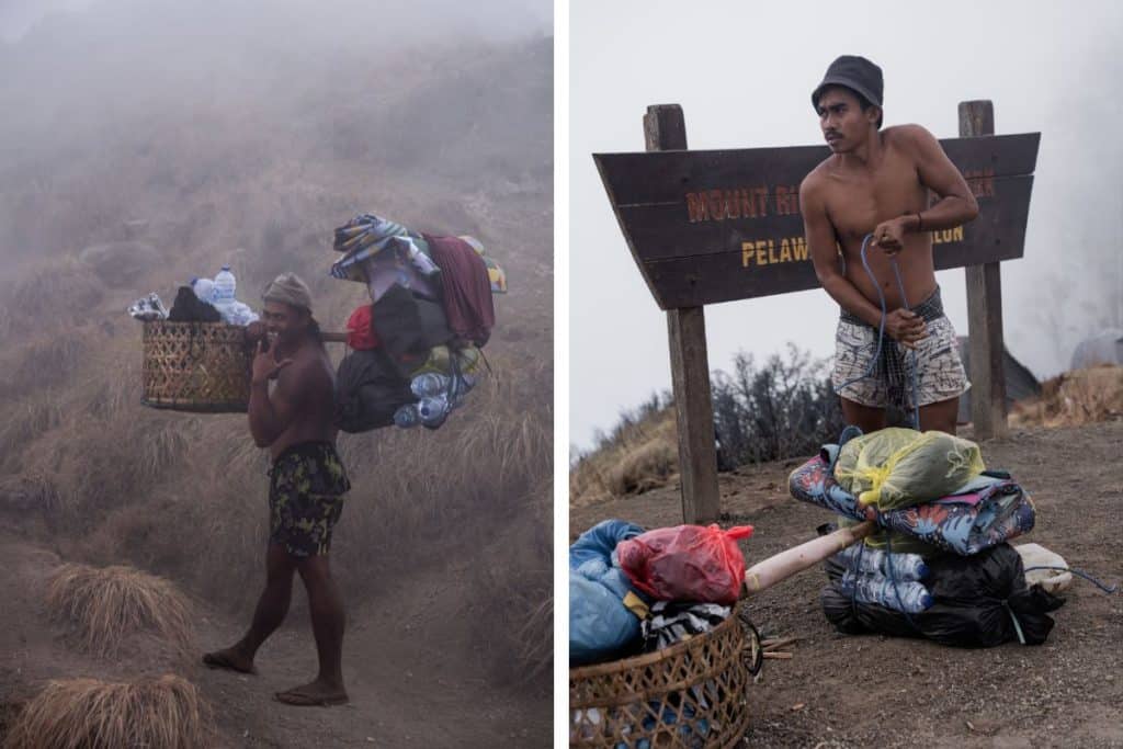 Porters carrying supplies while trekking Mount Rinjani in Lombok