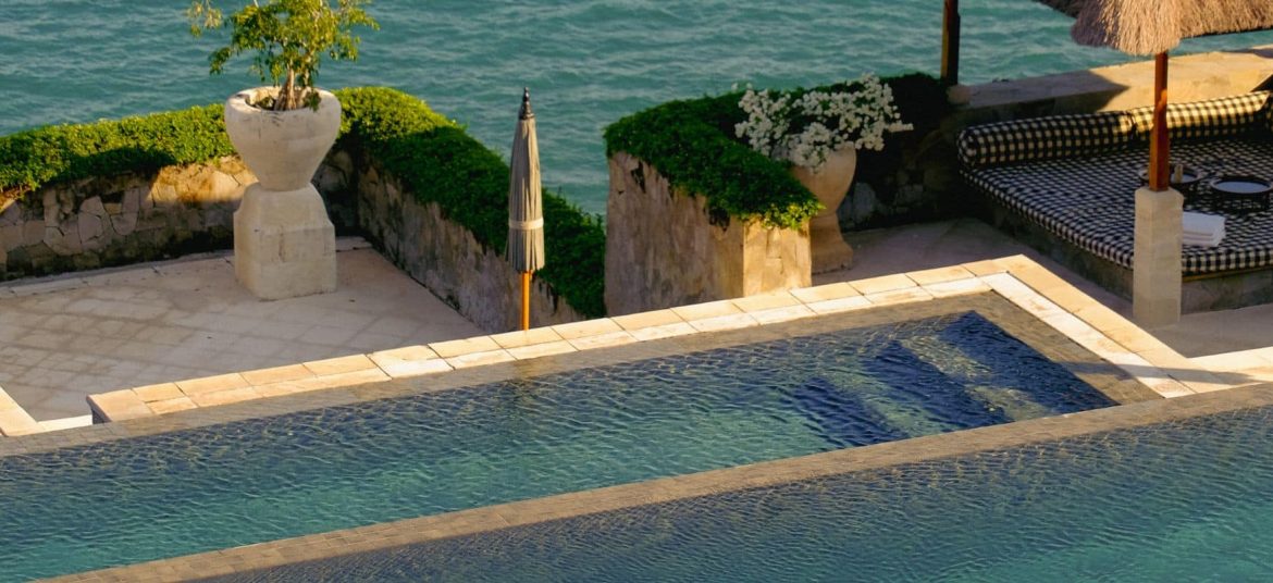 Amankila Bali resort overlooking the coastline and Lombok Strait