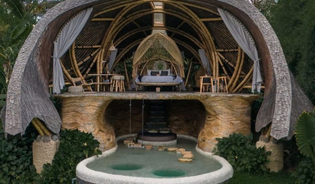 Front view of bamboo villa at Veluvana Bali