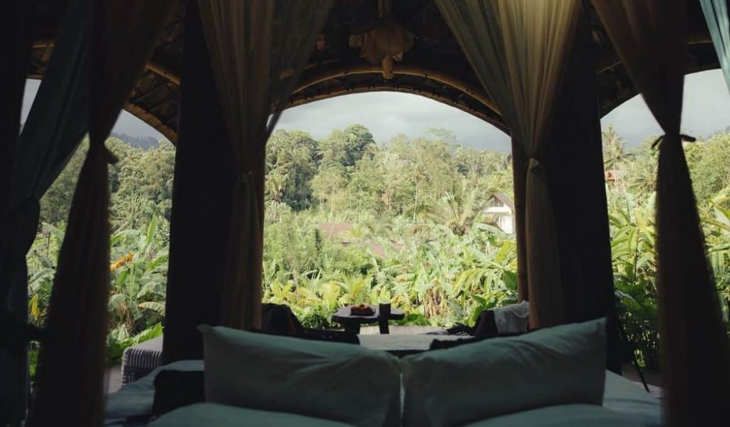 Interior room view of bamboo villa at Veluvana